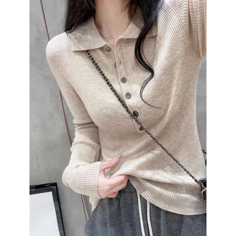 Merino 100% Pure Wool Knitwear for Women 2026 Spring Polo Collar Slim Fit Lapel Base Shirt Sweater Versatile