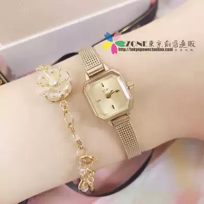 Japan ete square dial rhinestone inlaid quartz stainless steel gold-plated watch leather strap