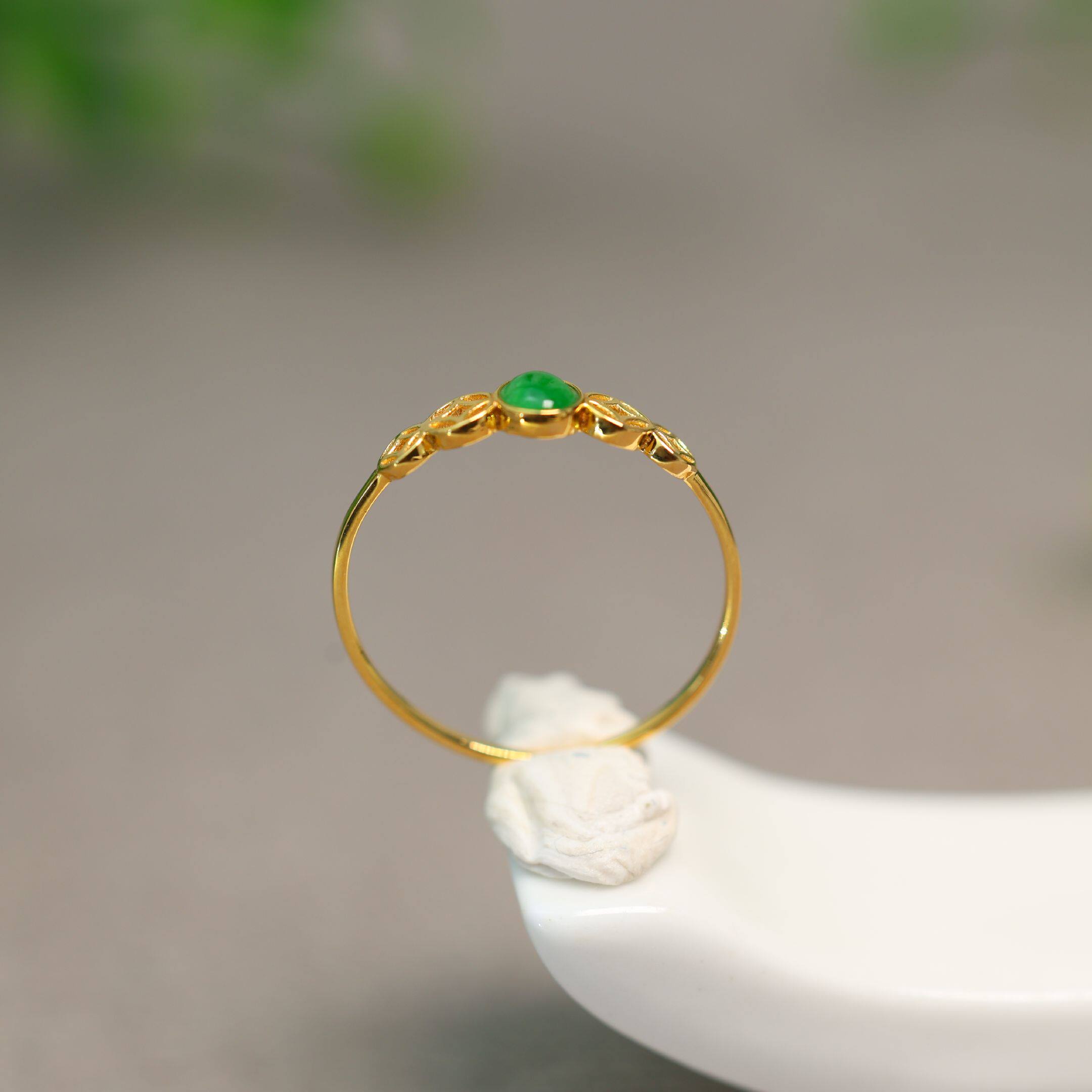 Full green natural grade A jadeite cabochon ring