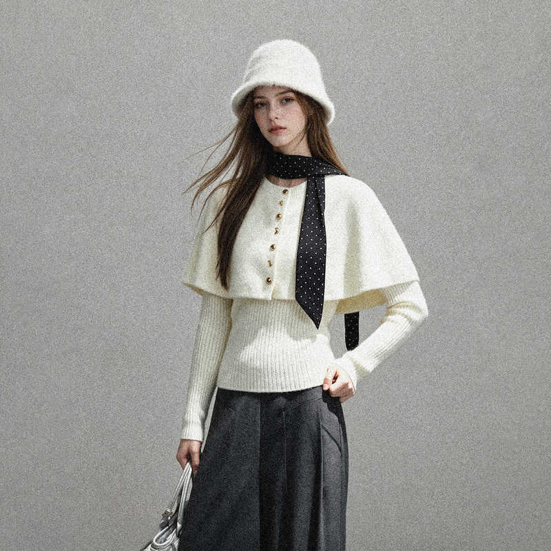 White Polka Dot Ribbon Cape Shawl Soft Sweater Two-Piece Set for Women, Autumn Gentle Style, Round Neck, Long Sleeve Knit Set