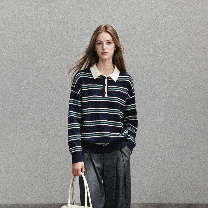 Navy Blue Striped Color-Block Polo Collar Soft Sweater for Women, 2026 Autumn Lazy Style Loose Pullover Knit Top
