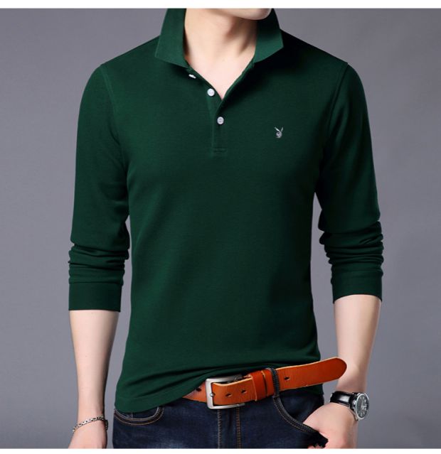 Playboy mùa thu và mùa đông áo thun dài tay cotton cộng với nhung dày nam Hàn Quốc áo sơ mi POLO giản dị của nam giới áo thun ba lỗ