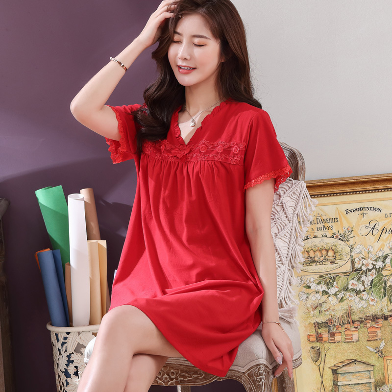 Nightgown for Women, Summer Pure Cotton Short-Sleeved Thin Pajamas, Loose Plus Size, Bright Red, Middle-Aged Mother's Home Wear Nightgown for Women, Summer Pure Cotton Short-Sleeved Thin Pajamas, Loose Plus Size, Bright Red, Middle-Aged Mother's Home Wear