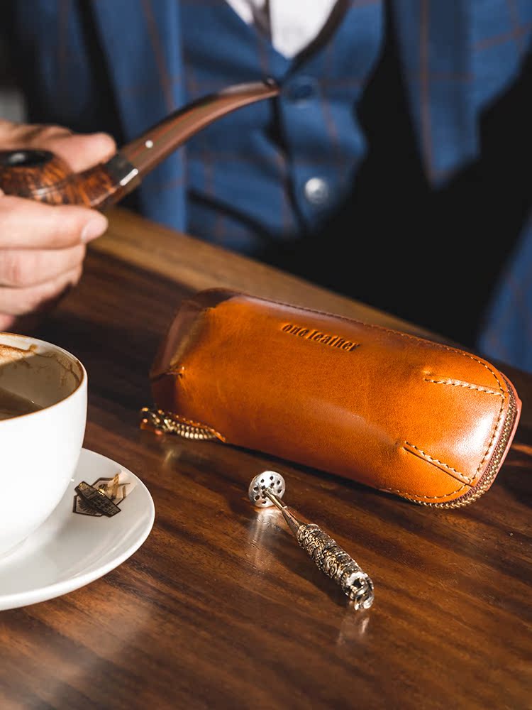 one leather One leather vegetable tanned first layer cowhide single portable pipe bag Handmade cowhide glasses case vintage