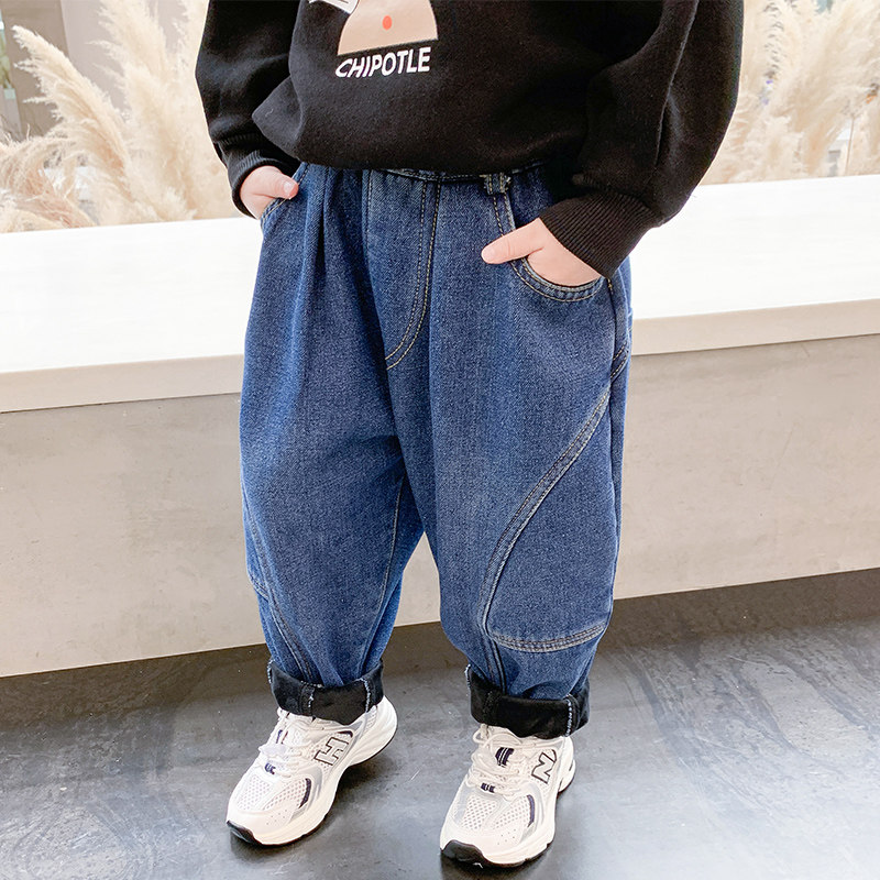 Children thicken jeans spring and autumn 2021 new boys and girls to wear Harlen pants