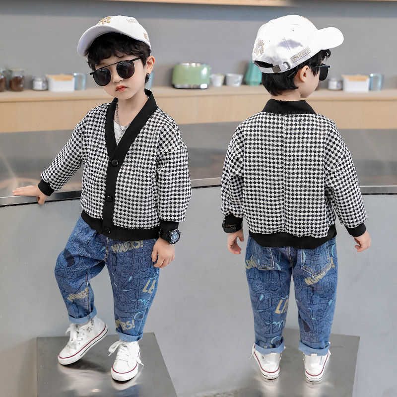 Boys houndstooth jacket spring and autumn Korean version of the new baby children's clothing children's foreign style 5 casual V-neck cardigan top