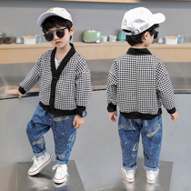Boys Thousand Bird Govercoat Spring and Autumn Han version of the new baby Childrens clothes Children foreign air 5 casual V word collar cardiovert blouses
