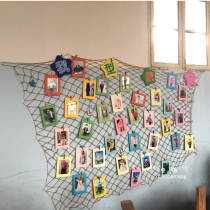 Creative fishing net photo wall Photo frame wall Hemp rope clip Cultural wall Color cartoon picture frame Classroom wall layout