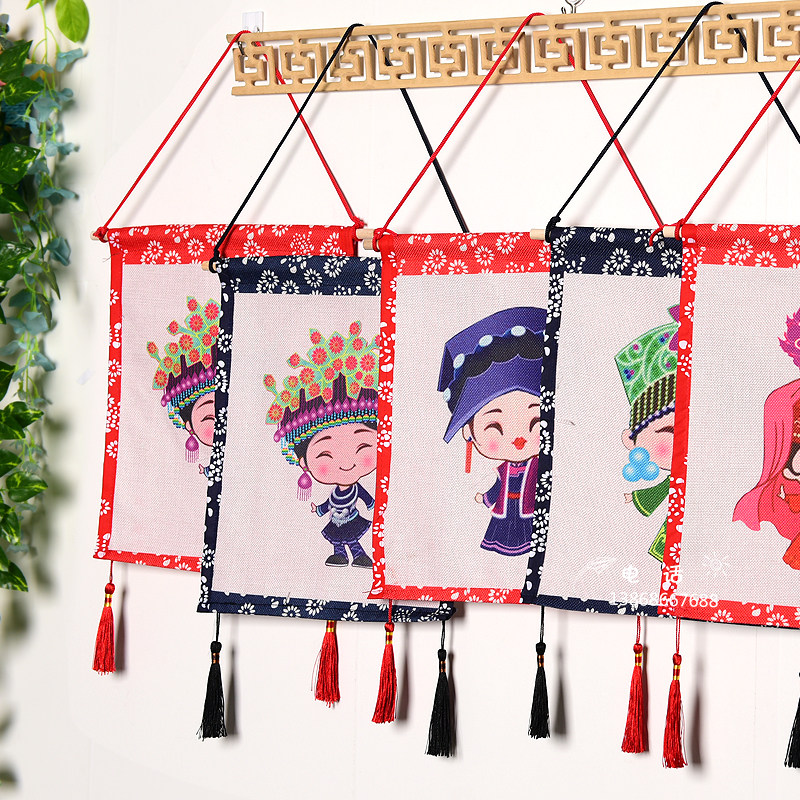 Ethnic minority wax dyed green flowers figure Katong painting wall-mounted class creative classroom corridor to hang up Chinese wind dress