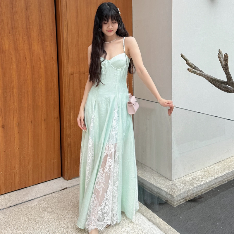 Ming Ma 2025Ss Early Spring New Collection Jacquard Lace Patchwork Spaghetti Strap Dress Celebrity Style