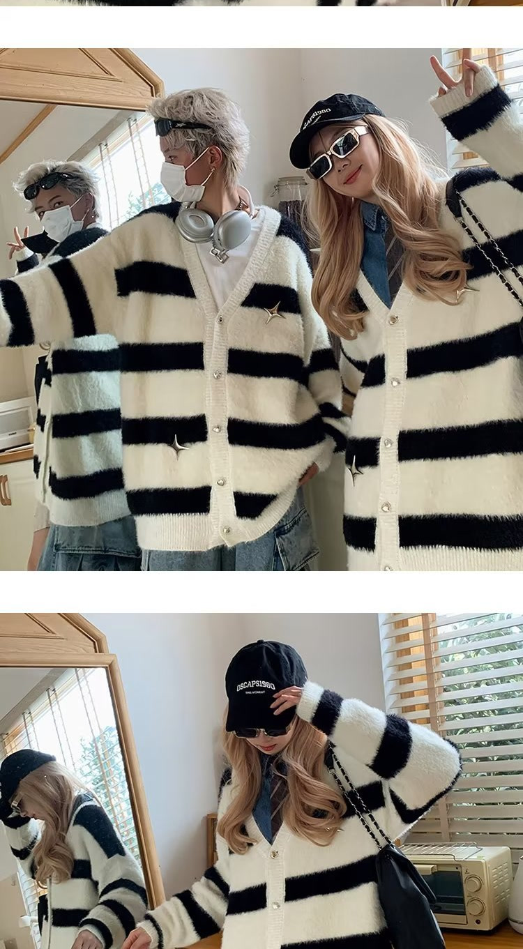 Damen Cardigan Strickjacke Gestreift Lockerer Lazy Style Pullover_voghion.com