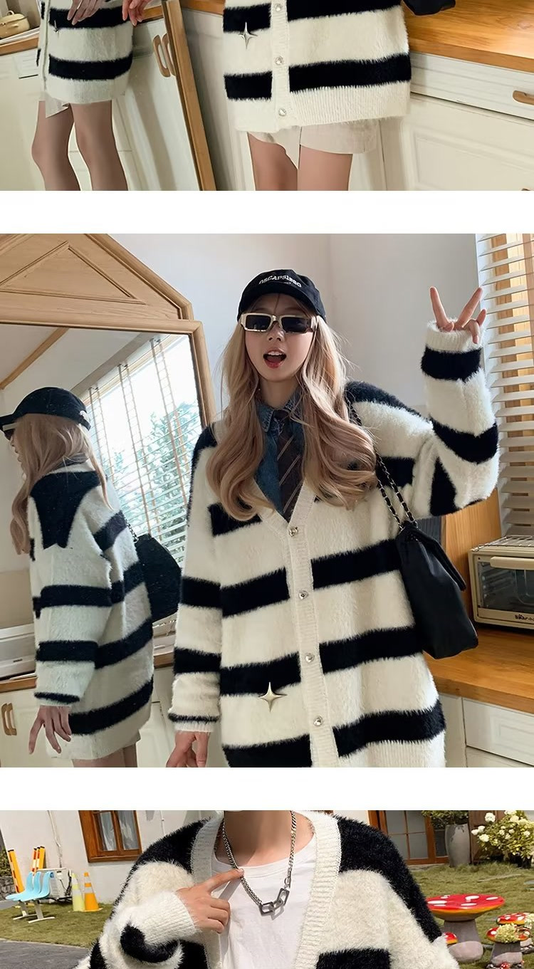 Damen Cardigan Strickjacke Gestreift Lockerer Lazy Style Pullover_voghion.com
