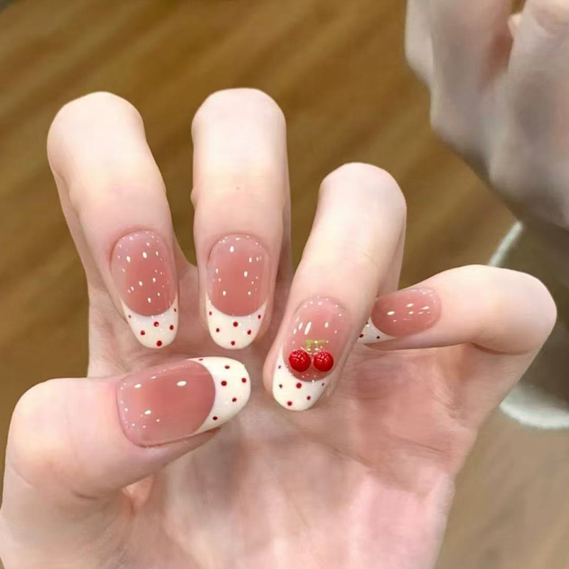 Cute Summer Energetic and Playful Cherry Polka Dot Handmade Press-On Nails Cherry Ice Cream Short Oval Nail Art