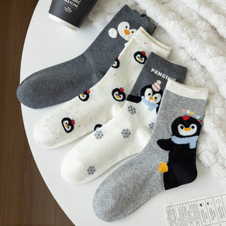 Pear Xiaoluo 2025 Autumn/Winter Women's Mid-Calf Socks Cute Cartoon Penguin Breathable Sweat-Absorbing Cotton Socks