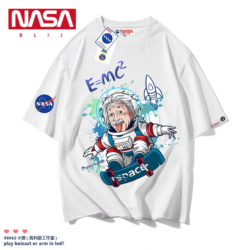 Nasa Co-Branded Einstein T-Shirt for Men, Student Prank Graffiti, Summer Niche High-End Couple Short-Sleeve Shirt Nasa Co-Branded Einstein T-Shirt for Men, Student Prank Graffiti, Summer Niche High-End Couple Short-Sleeve Shirt