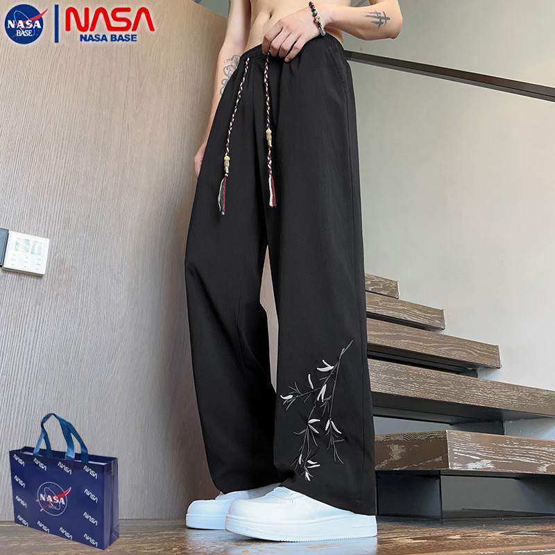 Nasa Co-Branded New Chinese-Style High-Elastic Ice Silk Pants for Men, Summer Thin Straight-Leg Suit Pants, Cool Wide-Leg Casual Pants