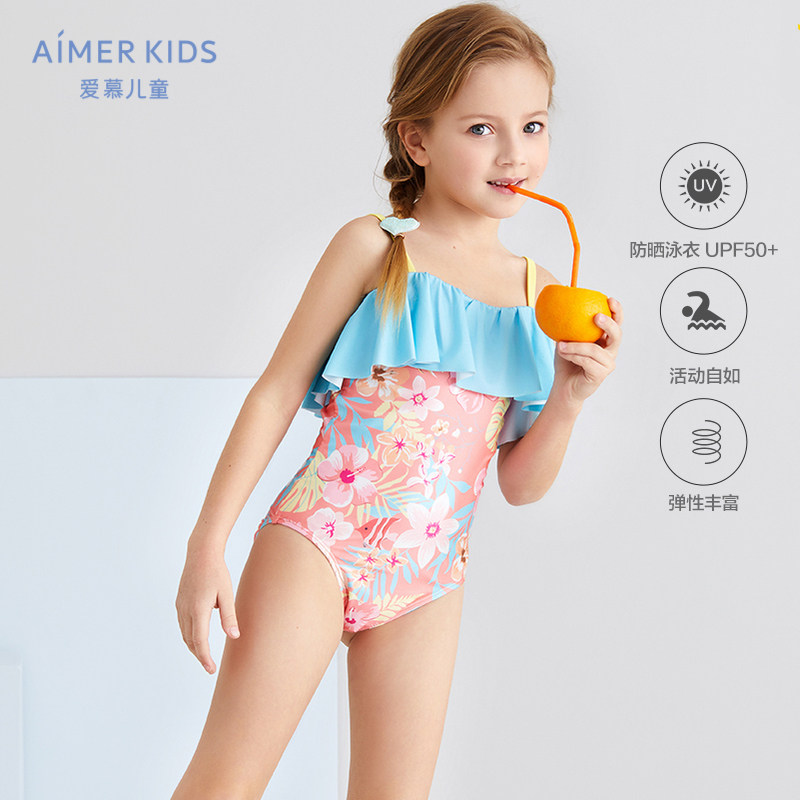 21 New love children 3-year-old girl girl primary and secondary school students sunscreen one-piece swimsuit Cute print princess style