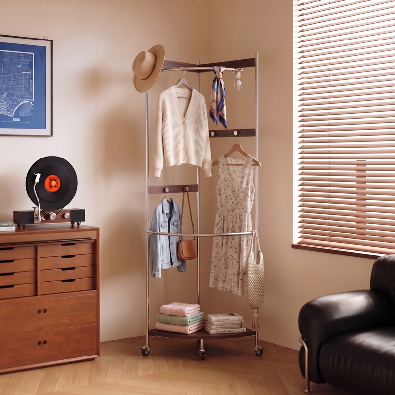 Medieval-Style Bedroom Bedside Coat Rack, Floor-Standing Movable Stainless Steel Corner Clothes Rack and Storage Rack Medieval-Style Bedroom Bedside Coat Rack, Floor-Standing Movable Stainless Steel Corner Clothes Rack and Storage Rack