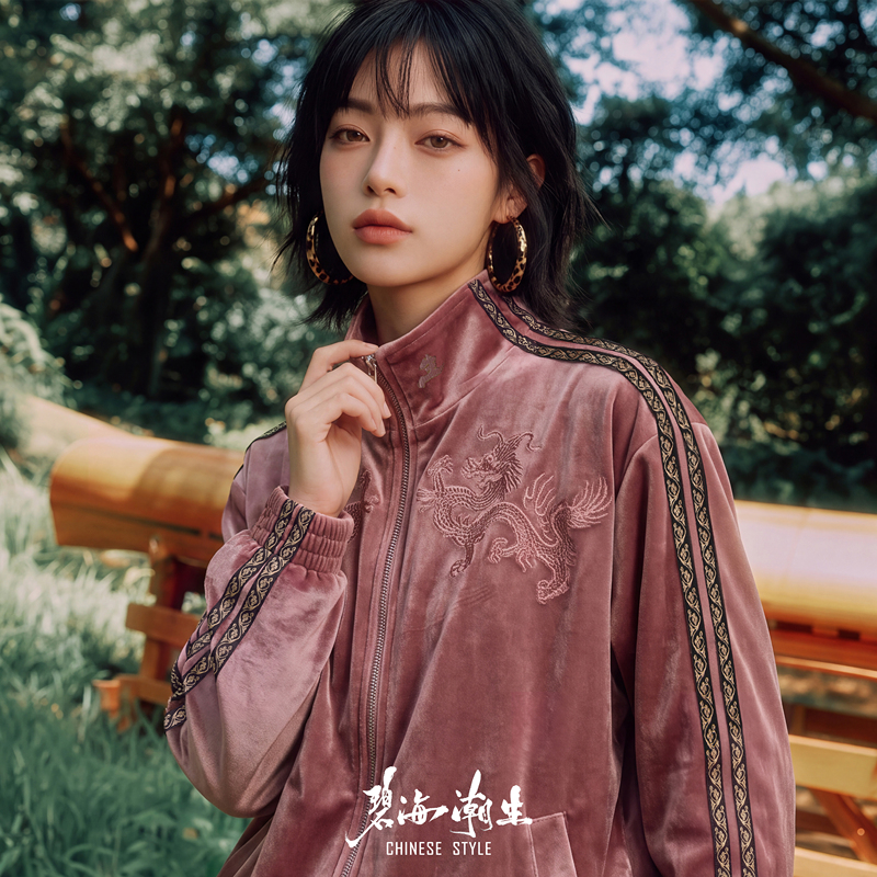 Blue Sea Ripples【Dragon King】Winter New Original Chinese Style Casual Embroidered Velvet Sports Jacket