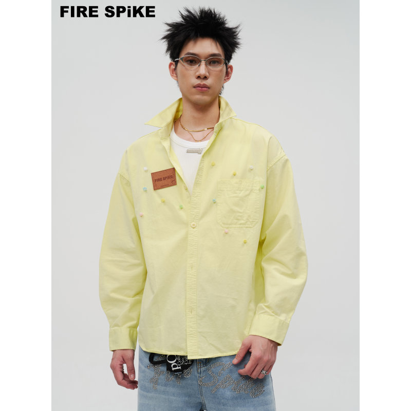 Firespike Fire Nail "A Few Moments of Time" Colorful Jade Light Yellow Relaxed Casual Long Sleeve Shirt