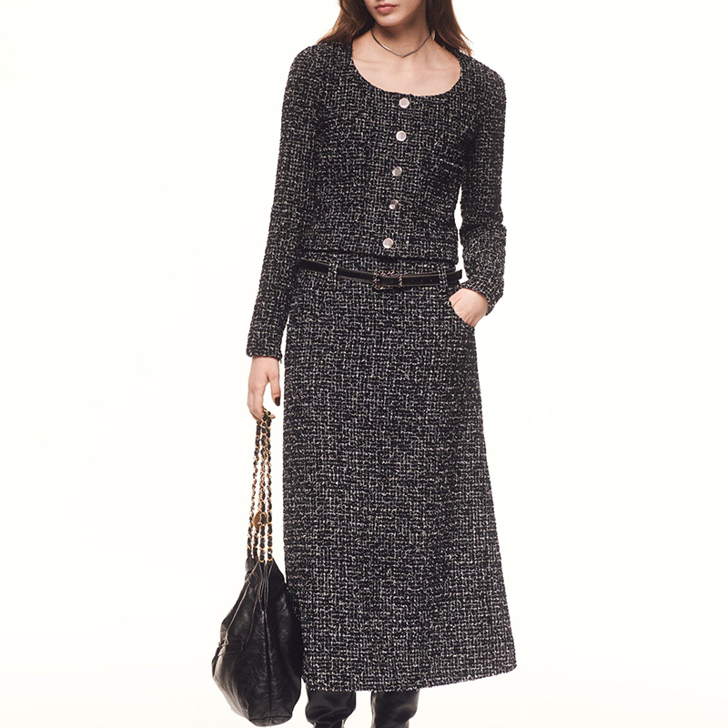 Star Liu Wen's Same Style Suit Jacket, Long-Sleeved Round Neck Skirt, Ladylike Elegant, Small Fragrant Style Wool Tweed Two-Piece Set