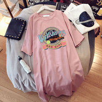 2022 new one-piece dress short sleeve T-shirt female summer Korean version ins Chains Chaoters Loose Pure Cotton Medium Long Pregnant Woman Skirt Blouse