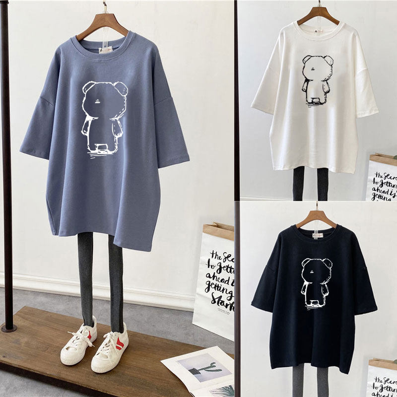 2022 new maternity clothes summer cotton short-sleeved t-shirt women's mid-length shirt loose Korean cartoon print