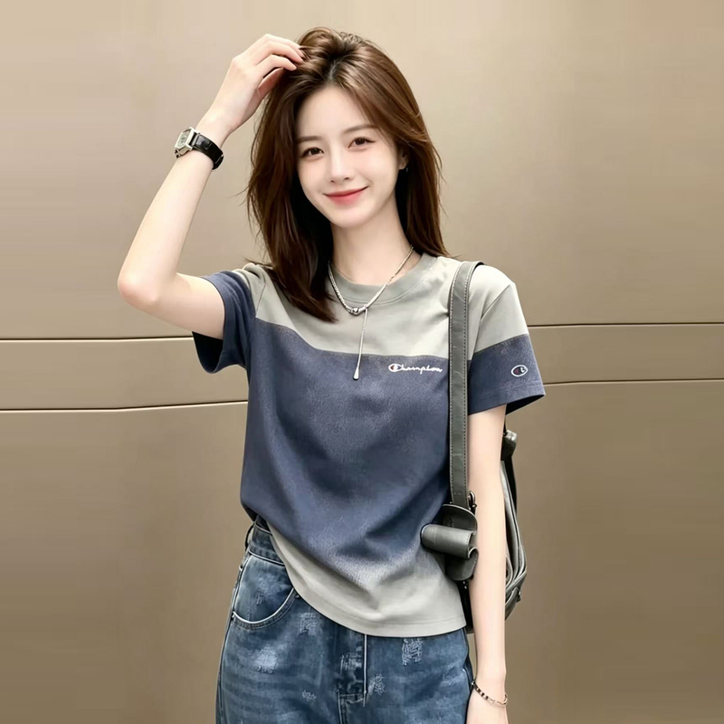 Japanese Style Champion Embroidery Color-Block Round Neck Short-Sleeve T-Shirt for Women, New Summer Versatile Loose Slimming Casual Top Trendy