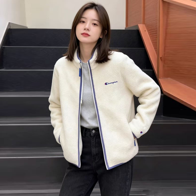 Japanese Style Champion Fleece Jacket for Women, New Autumn Versatile Loose Slimming Zipper Embroidered Color-Blocking Casual Cardigan