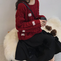 New year Christmas red sweater women autumn and winter thick loose wear lazy wind pullover knitted base shirt top