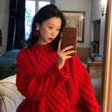 Рождественский красный демисезонный свитер, джинсы с начесом, оверсайз, 2024 года