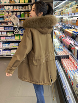 Korean version of casual womens long real hair collar Pike dress thickened velvet hooded Parker cotton-padded clothing slim loose jacket