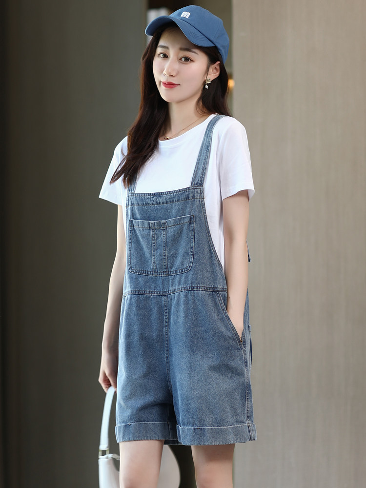 Denim overalls shorts women's summer thin loose overalls two-piece suit slim one-piece suit wide-leg jeans