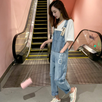 Ripped jeans womens loose Korean version of denim bib pants high waist thin suspender one-piece pants bib pants spring