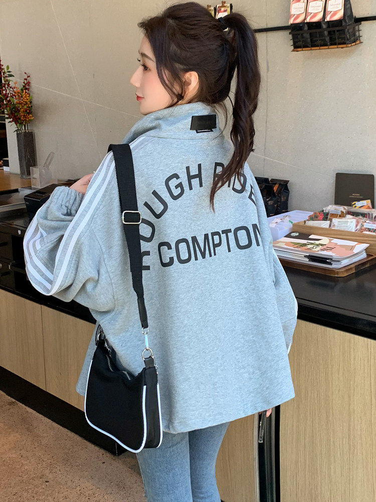 Gray sweater 2021 new women's spring and autumn Korean version loose bf lazy wind sports casual cardigan zipper jacket