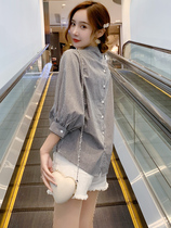 2021 autumn new Korean version of casual womens plaid shirt loose stand-up collar thin shirt bat sleeve top Hong Kong flavor