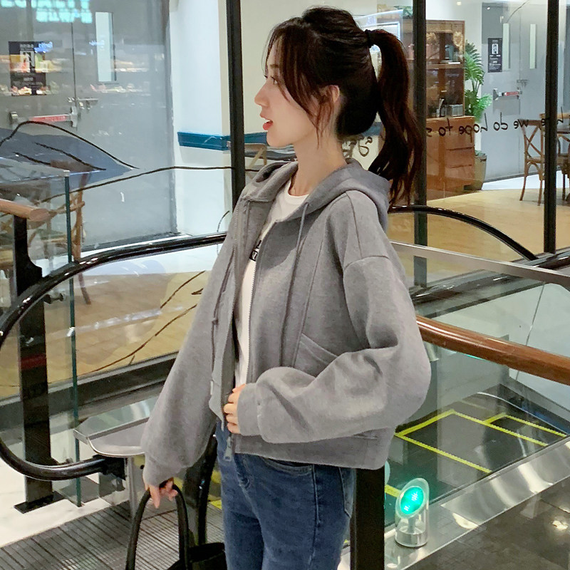 Spring and autumn coat female small foreign style Korean style loose hooded short zipper cardigan sweater all-match casual