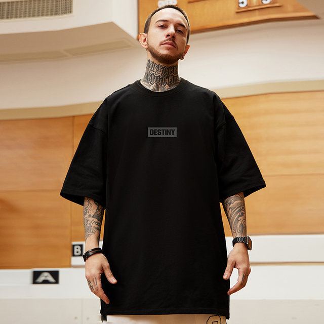 300g heavyweight American letter printed short-sleeved T-shirt street large size black round neck pure cotton simple half-sleeved men's trendy