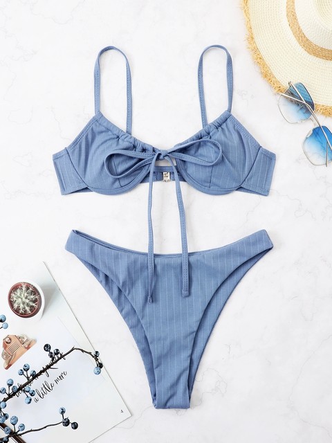 Underwire push-up bikini lace-up ແຂງສີແຍກຊຸດລອຍນ້ໍາເອີຣົບແລະອາເມລິກາເຕົ້ານົມຂະຫນາດນ້ອຍ swimwear ຮ້ອນພາກຮຽນ spring ຮ້ອນ bikini ສາວຮ້ອນ