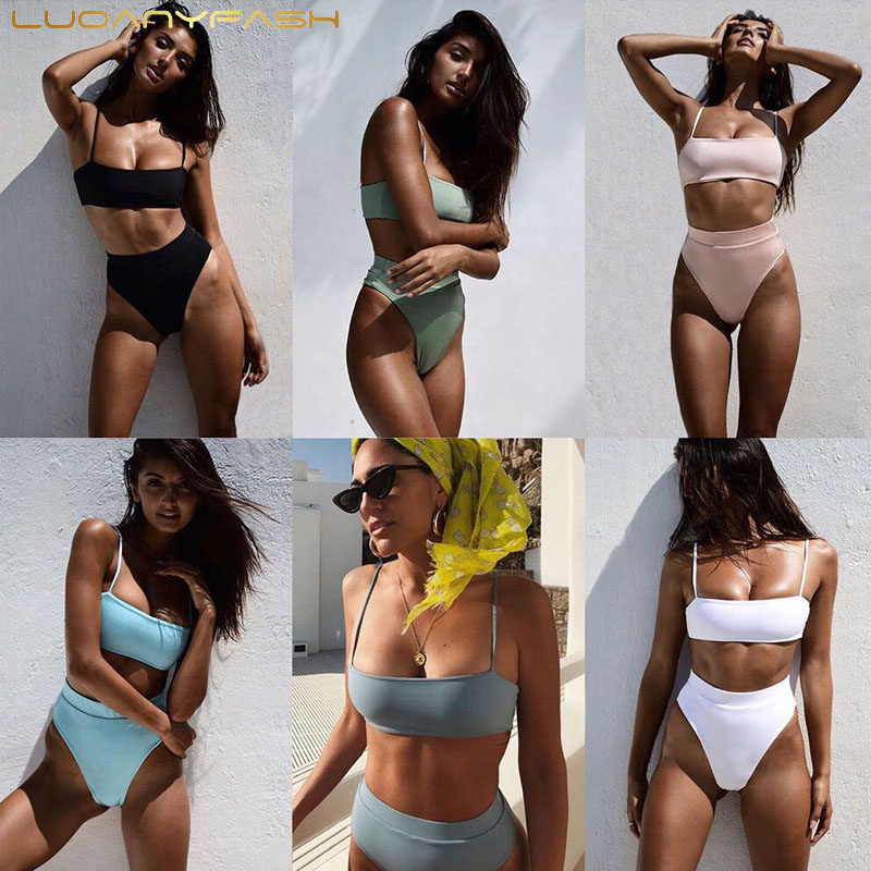 2019 new European and American sexy suspender high waist solid color women's two-piece bikini swimsuit high spear swimsuit bikini