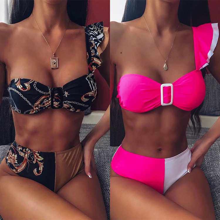 2020 New Bikini Swimsuit Ruffle One Shoulder Sexy Print Breast Wrap Bikini Two Piece Swimsuit Bikini