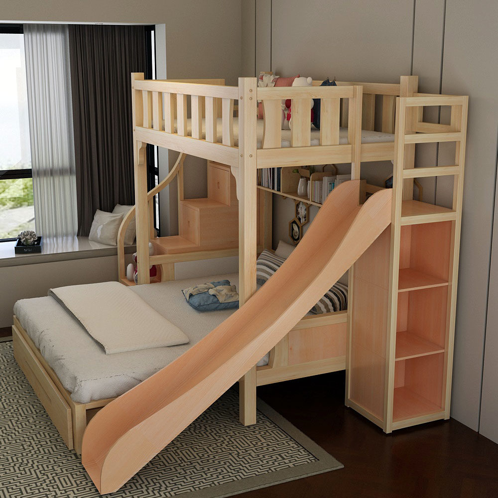 Interfault type up and down full solid wood double layer adult dislocation children low and low family type with sliding ladder two-layer primary-secondary bed