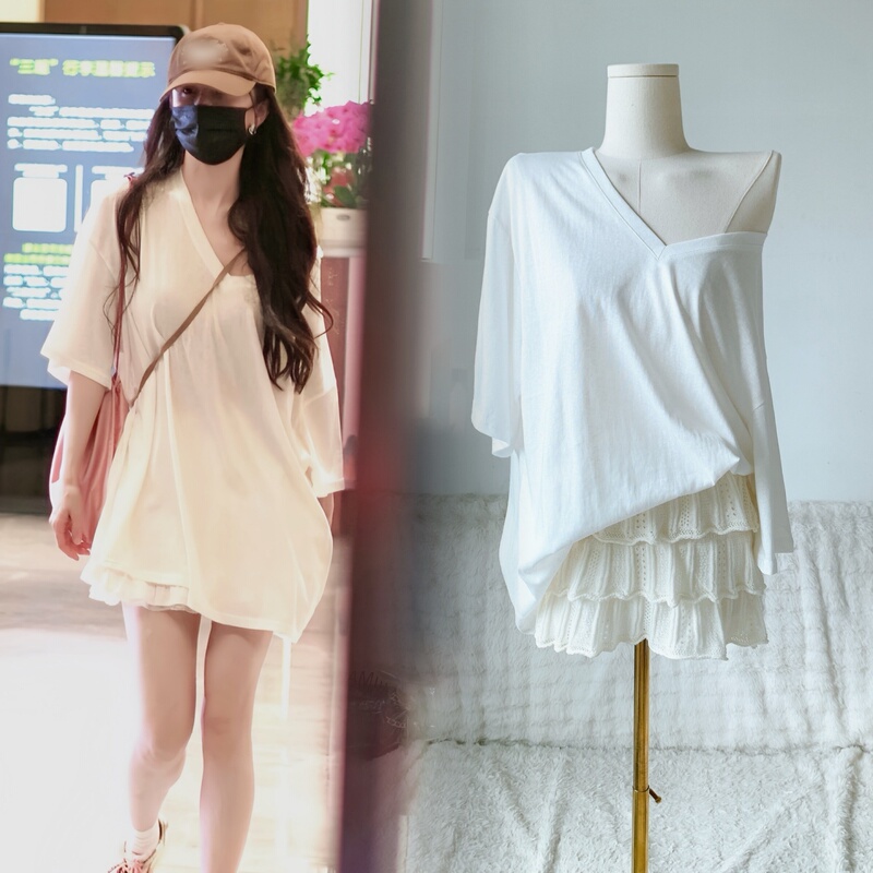 Yang Mi's Same Style White V-Neck Off-Shoulder T-Shirt, Loose and Lazy, Covers the Body, Looks Slimming, Versatile Short-Sleeved Top for Women in Summer