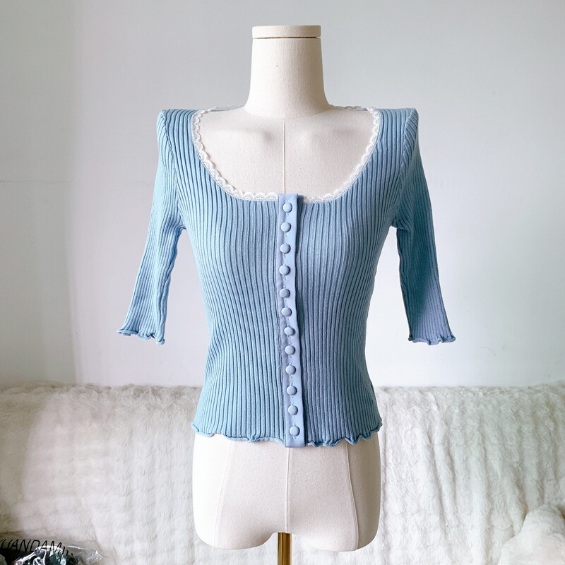 Sister's Outfit Features a Sexy U-Neck Lace Trim and Tencel Yarn Mid-Sleeve Top, Slim Fit and Flattering T-Shirt for Women