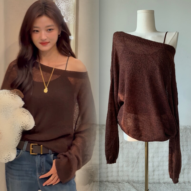 Sun Qian's Same Style Brown Round-Neck, Off-Shoulder, Slightly Sheer Knit Sweater, Loose and Lazy Style, Slimming, Layered Long-Sleeve Top for Autumn