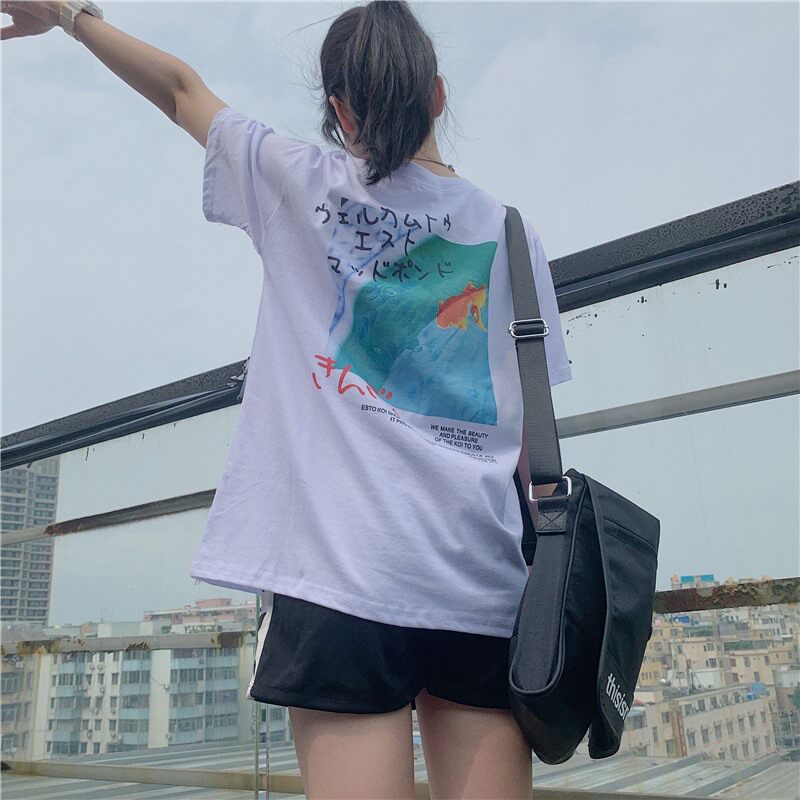 2022 Korean summer small fresh girl behind goldfish print loose cotton T-shirt short-sleeved student top tee