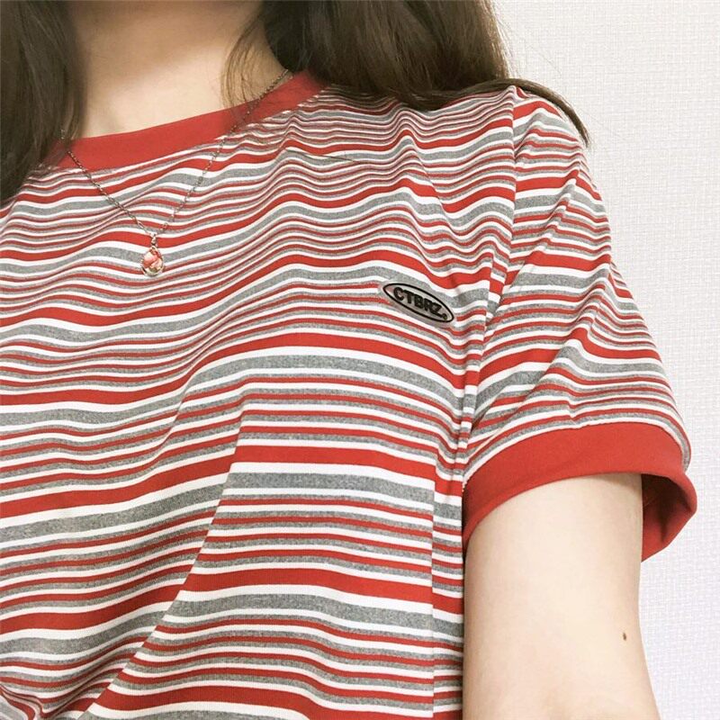 2022 summer South Korea Dongdaemun niche trendy brand retro striped slim fit cotton short-sleeved T-shirt women's college style