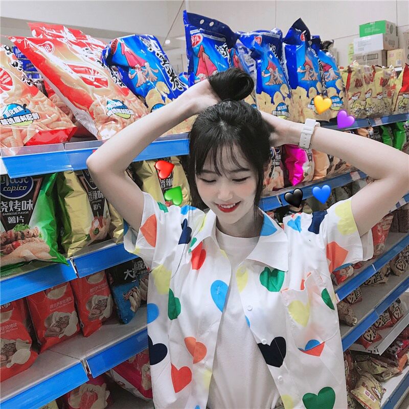 2022 summer Korean girl cute fresh color love short-sleeved shirt sunscreen chiffon shirt schoolgirl