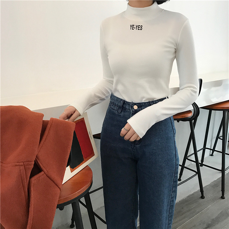 2018 đầu xuân mới màu rắn cổ cao áo thun dài tay nữ phiên bản Hàn Quốc tự canh tự nhiên cộng với áo nhung dày cho nữ áo thun nữ form rộng