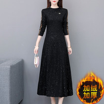 Dress women autumn and winter 2020 New temperament with coat over the knee shiny black plus velvet interior with a base long skirt